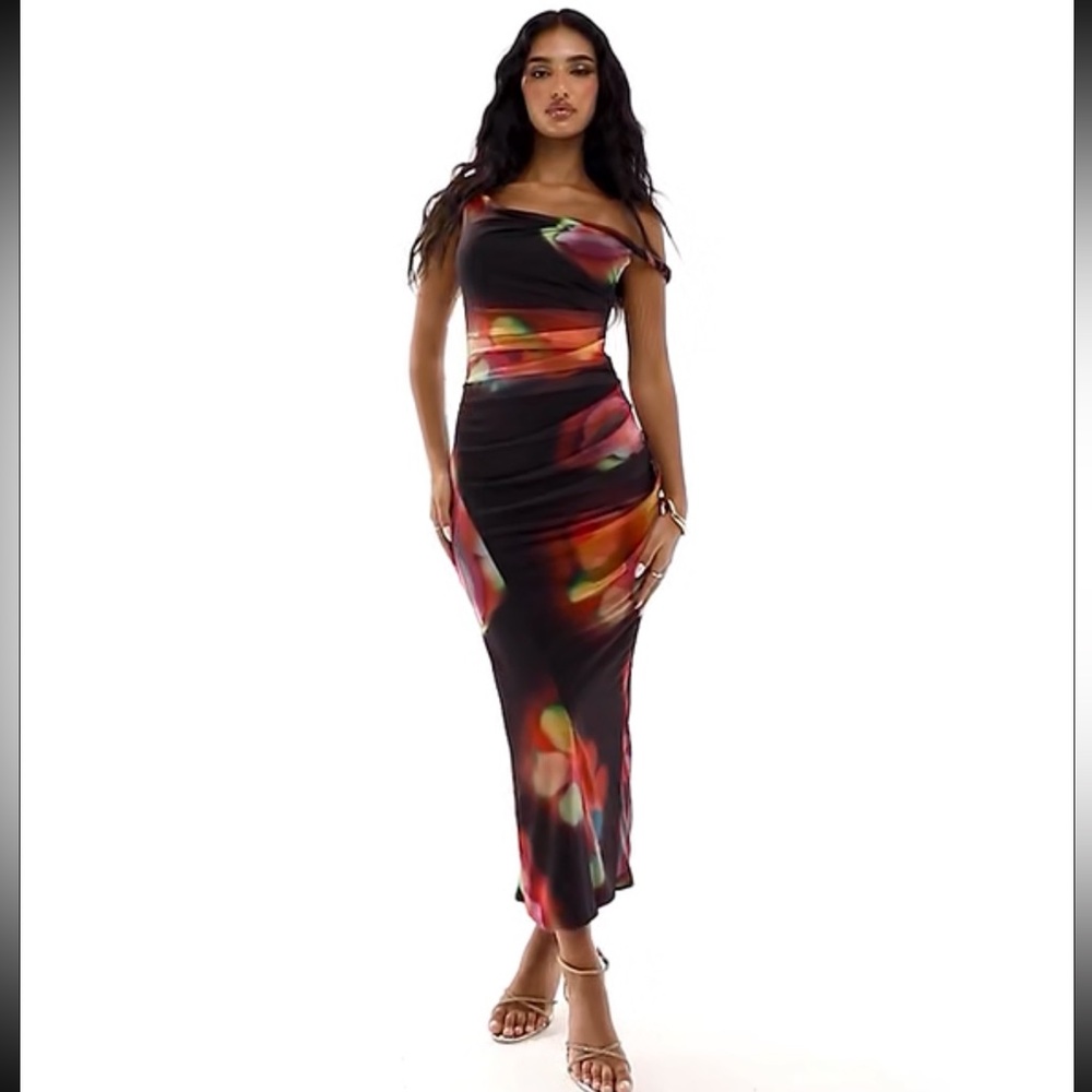 ASOS DESIGN twist one-shoulder mesh midi dress in floral print